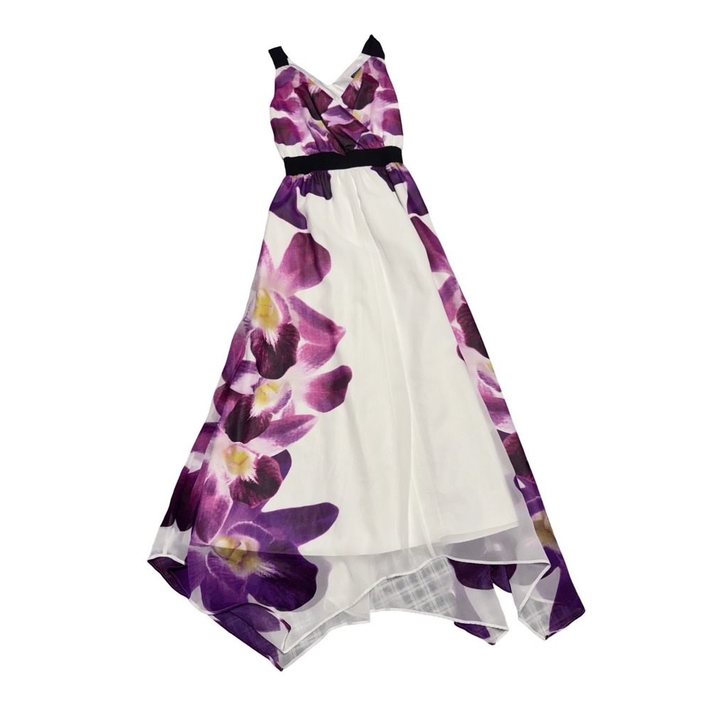 Express Purple Orchid Floral Maxi Dress V-Neck Handkerchief Hem White Womens XS